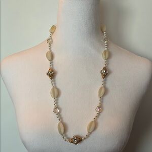 Vintage Acrylic & Glass Beads Necklace Rhinestone Accents Cream and Gold
